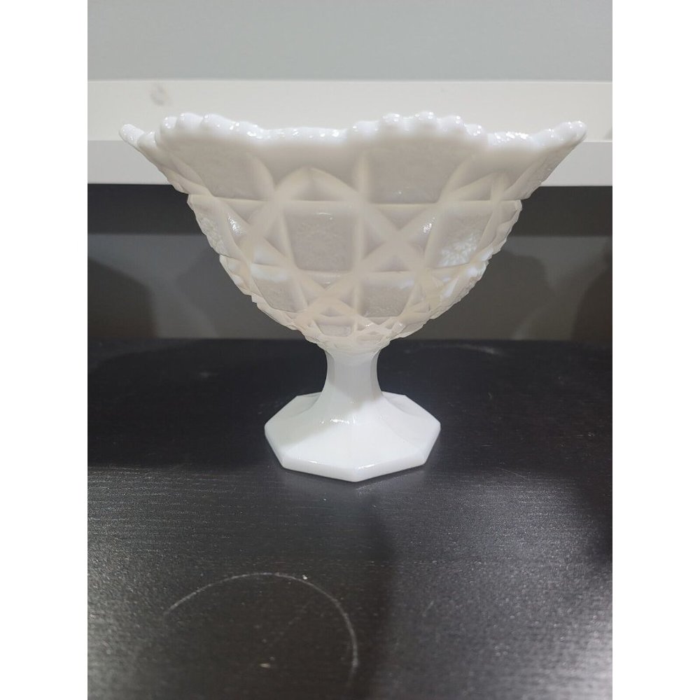 Westmoreland Milk Glass Compote 5 1/2” Pedestal Old Quilt Pattern centerpiece
